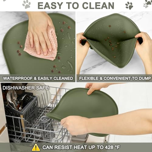 Waterproof Silicone Pet Food Mat with Raised Edge for Dog & Cat (Light Olive Green / 12"L x 12"W)