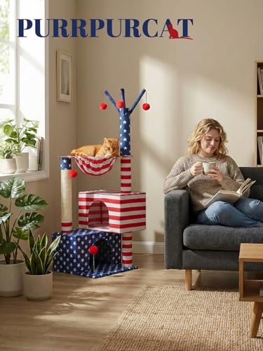 American Flag Cat Tree for Kittens & Senior Cats (Patriotic Red White & Blue / 45 inches)