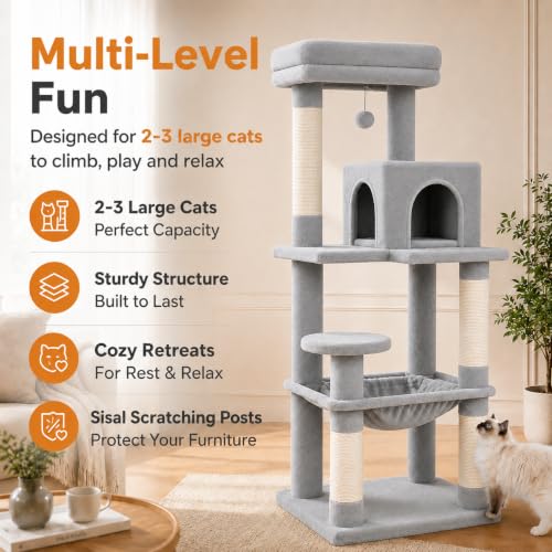 56.3" Cat Tree with Metal Hammock (Grey / 56.3in)
