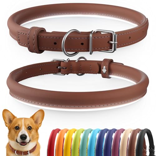 Tangle Free Reflective Leather Dog Collar (Cinnamon / M)