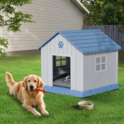 Dog House Indoor Outdoor for Small to Large Sized Dogs 38'' Resin Outdoor Dog House with Ventilation Waterproof Puppy Shelter with Elevated Floor (Blue / 37.8'' * 40.87'' * 38.82'')