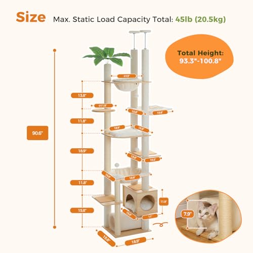 Floor to Ceiling Cat Tree for Large Cats (93''-101'' / Wooden Beige)