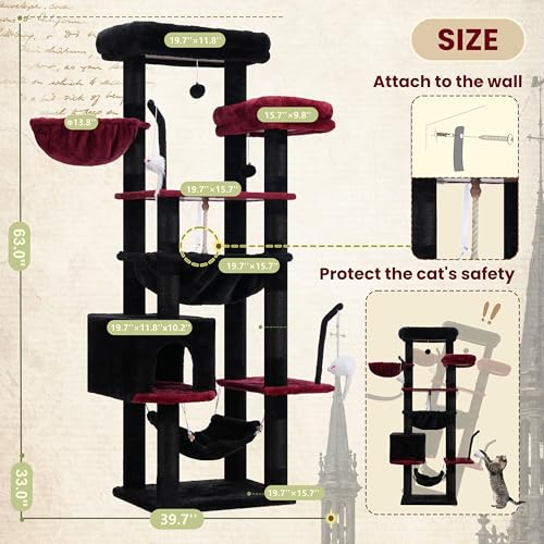 Cat Tree 63'' Cat Tower for Large Cats (63 inch / Black and red)