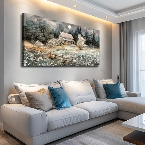 Farmhouse Canvas Wall Art Nature Landscape Paintings Wall Decor For Living Room Bedroom Decorations Rural Artwork Pictures Framed for Office Aesthetic Home Decor Ready To Hang (40"L x 20"W / Rural landscape)