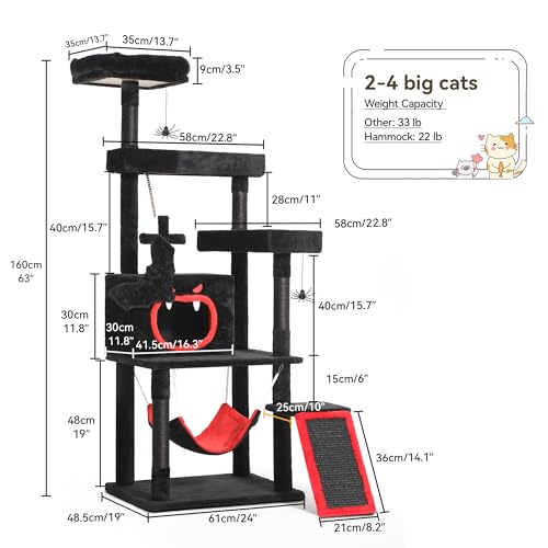 Gothic Cat Tree with Coffin Bed (Black and Red / 63inch)