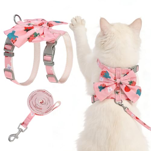 Cat Harness and Leash Set Escape Proof with Bow Knot (Pink Strawberry)