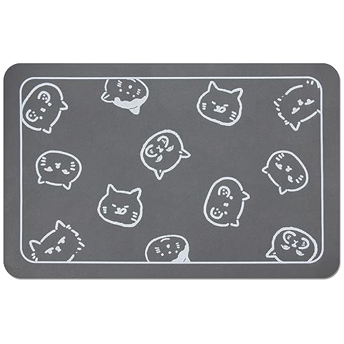 Cat Food and Water Mat for Pets (Dark Gray & Multiple cat heads Logo / 24"L x 16.9"W)