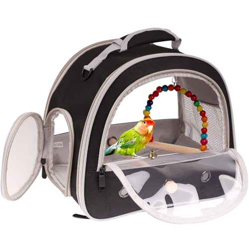 Portable Parrot Travel Cage Carrier with Small Swing Toy&Cage Colorful Toys Set Small Bird Parakeet Bag with Standing Perch Bird Carry Transport Bag (Black / 12.0"L x 7.0"W x 12.0"H)