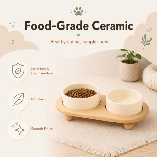 Raised Cat Bowl 5.1” Elevated Ceramic Cat Food and Water Bowl Set (Light Yellow)