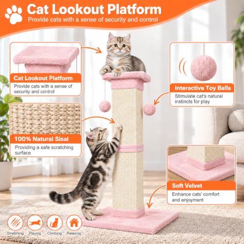 Cat Scratching Post 33 Inch Nature Sisal Cat Scratch Post for Indoor Cats (Pink)