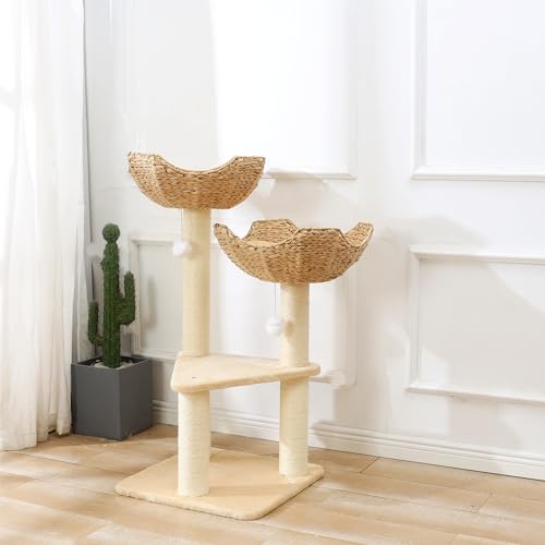 Cat Tree Tower with Rattan Wicker Basket (2~basket)