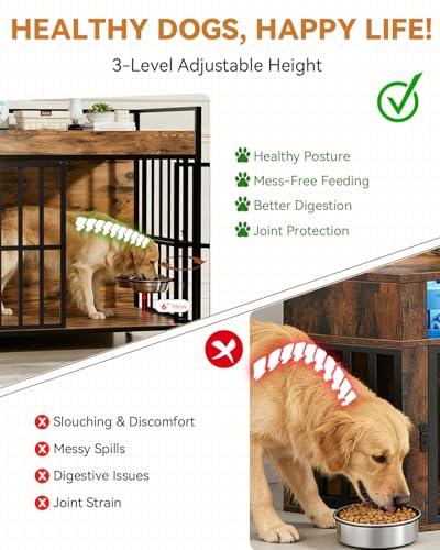 Heavy Duty Large Dog Crate Furniture with 360° Rotatable Bowls & Wheels (43.5"L x 27.2"W x 34.8"H)