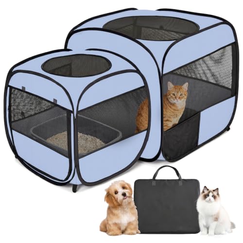 2-in-1 Dog Playpen Portable Cat Playpen, Non-Separable, No Assembly (Gray / Combo, 54"x 31.5"x 27.6"H)