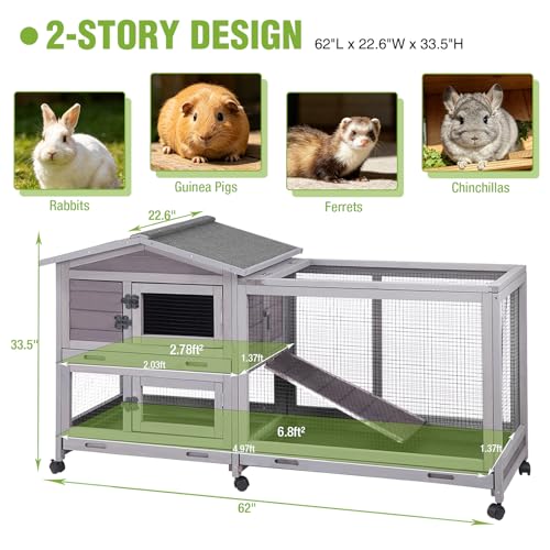 2 Story Wooden Rabbit Hutch Indoor Outdoor (Gray / 62.0"L x 22.6"W x 33.5"H)