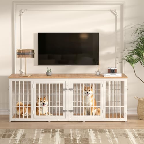 72" Heavy Duty Double Dog Crate Furniture for Large (White + Natural / 72.8"L x 25.6"W x 27.5"H)