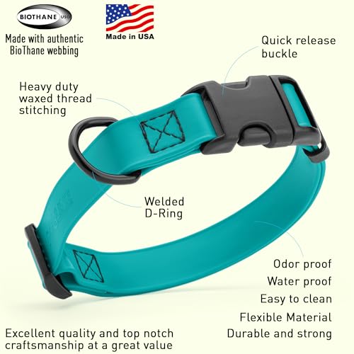 Biothane Waterproof Dog Collar with Quick Release Buckle Strong Coated Nylon Webbing with Odor (3/4"W by 12-19"L / Teal)