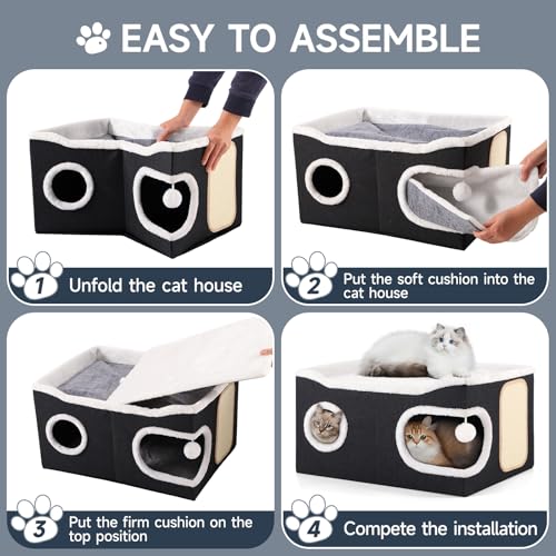 Extra Large Cat House Bed for Multi Cats with Scratch Pad Black (Black / Extra Large)