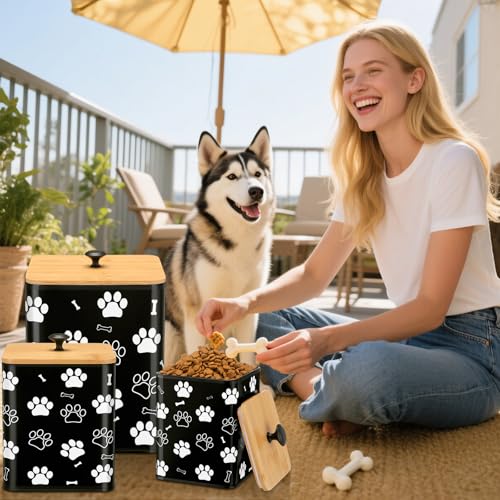 Airtight Dog Treat Container Set of 3 with Bamboo Lids Metal Treat Jars for Countertop Decorative Pet Snack Food Storage Canister Kitchen Biscuit Holder (Black)