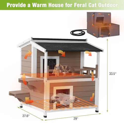 Heated Cat House Outdoor 2 Story Insulated Liner Feral Cat Shelter Weatherproof for Outside with Heated Pad（Brown）