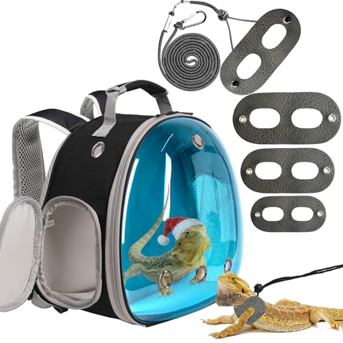 Bearded Dragon Travel Backpack with Harness and Leash Set (Black/Blue)