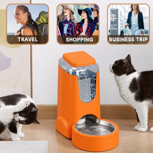 Portable Automatic Cat Feeder and Water Dispenser with Stainless Steel Bowl Dog Gravity Food Feeder and Waterer for Small Medium Pets Puppy Kitten 1 Gallon x 2 (Orange)