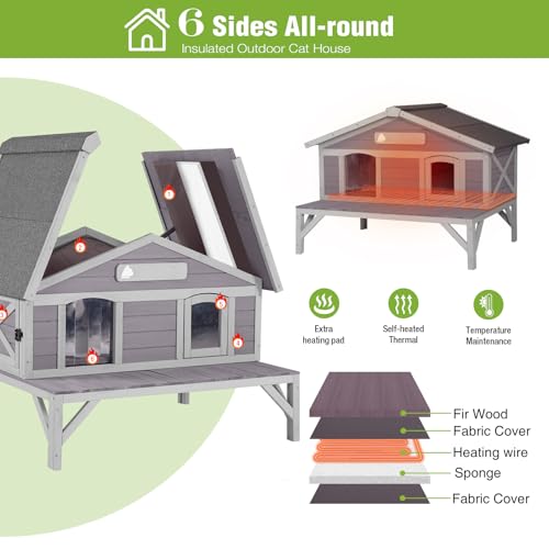 Heated Cat House Large Insulated Cat House Outdoor Weatherproof Feral Cat Shelter with Heated Pad