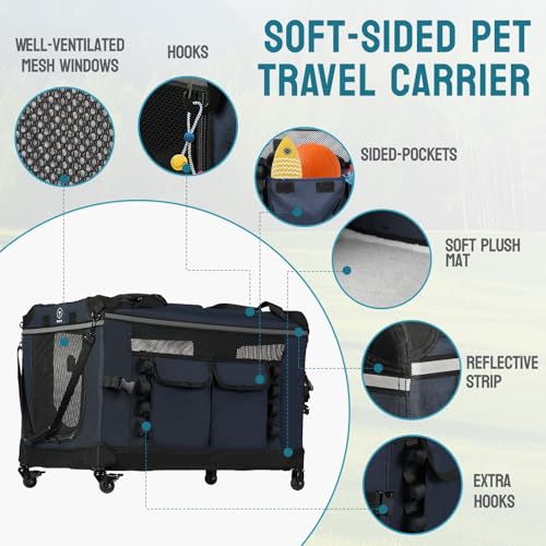 24 inch Rolling Extra Large Cat Carrier with Wheels (Navy Blue)