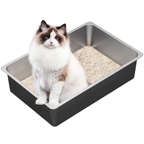 Large High Sided Stainless Steel Cat Litter Box (23.4"L x 15.6"W x 6"H)