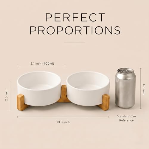 Ceramic Dog and Cat Bowl with Wood Stand Non (1.7 cups / White × 2)