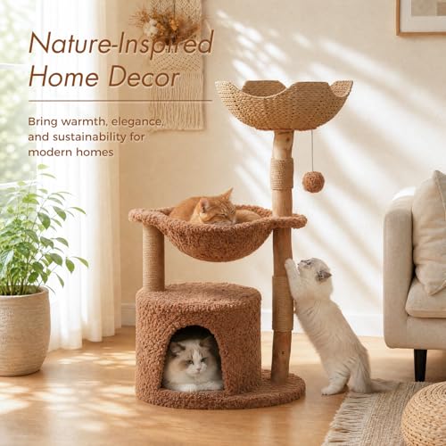 Modern Cat Tree with Real Wood&Wicker Basket for Large Cats Brown (Brown)