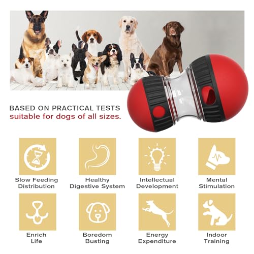 Dog Food Puzzle Toy Adjustable Treat Dispensing Food Dispenser Slow Feeder Bowls Puppy Enrichment Toy Ball Dog Interactive Chase Training Toys for Small Medium Large Dogs (Red - Single - Standard)