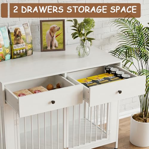 Large Dog Crate Furniture with 2 Drawers (White)