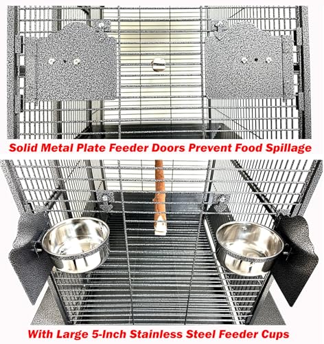 Extra Large Elegant and Durable Wrought Iron Climbing Ladder Perch Stand Play Top Ground Bird Parrot Metal Cage Around Seed Guard Storage Shelf with Heavy Duty Lockable Rolling Wheels (32" x 23" x 69"H / Black Vein)
