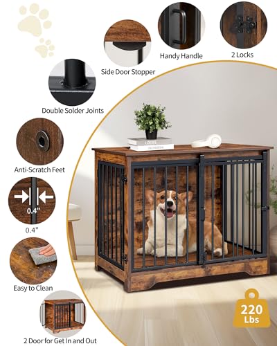31.9" M Dog Crate Furniture Indoor Dog Kennel with Barn Door (Rustic Brown / 31.9"L x 21.7"W x 26.6"H)