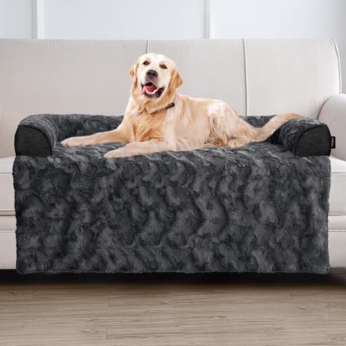 Calming Dog Bed for Couch with Cozy Raised Edge (Dark Grey / 45"L x 37"W x 5"Th)