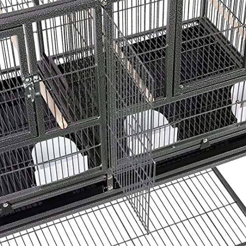 Triple Stackable Sturdy Wrought Iron Center Divided Breeder Breeding Bird Flight Double Rolling Cage Side Nesting Doors Easy Clean Pull Out Tray Aviaries Canaries Cockatiels Lovebirds Finches Budgies (Black Vein)