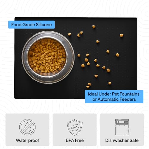 Dog Food Mat 100% Waterproof Silicone (Black / 23"l X 15"w)