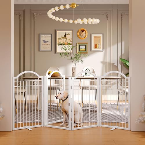 Metal No Assembly Freestanding Dog Gate with Door Walk Through (White / 4 Panels-S)