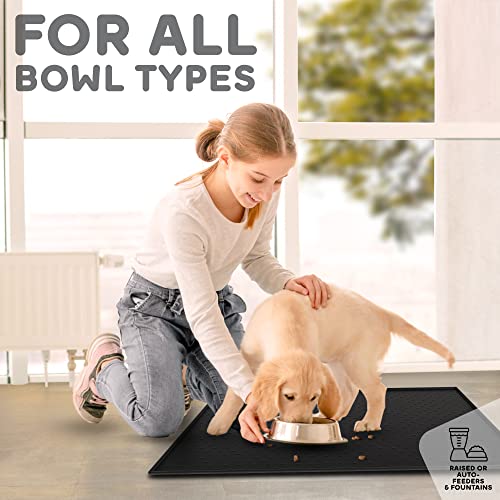 Dog Food Mat Raised Edges Dogs Mat for Food and Water Prevent Spill (18.5" x 11.5" / Black)
