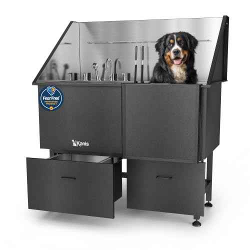 Professional Dog Washing Station 304 Stainless Steel Pet Wash Sink (Black, Right Ramp, 2 Drawer / 50 Inches)