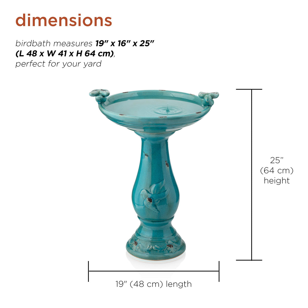 25" Tall Outdoor Ceramic Antique Pedestal Birdbath with 2 Bird Figurines (Turquoise)