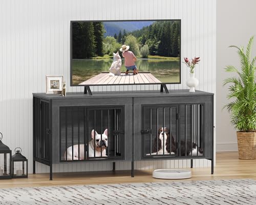 55.12" Dog Crate Furniture for 1 or 2 Dogs (Dark Grey / 55.12"L x 20.47"W x 26.18"H)
