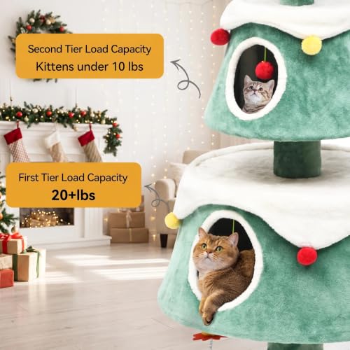 63" Christmas Cat Tree with 2 (Green+White / 63in)