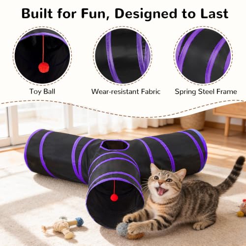 Cat Tunnel, 3-Way Collapsible Toy, Large Size Black & Purple (Black & Purple / Large)