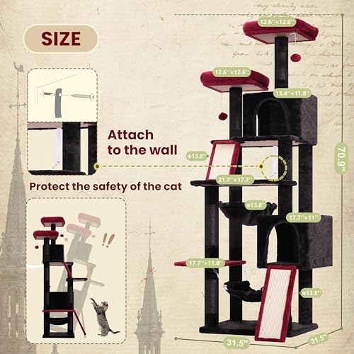 Cat Tree 71'' Tower for Large Cat with Scratching Post (71 inches / Black and Red)