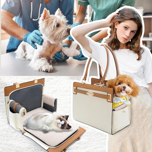 2-in-1 Stylish Dog Purse Carrier Soft-Sided Carriers Travel Tote Bag for Small Dogs Cats, Fashion Foldable Pet Bag for Puppies Small Animals with Pockets (Beige+Brown, 15" L x 7.5" W x 12.2" H) (Beige+Brown / 15" L x 7.5" W x 12.2" H)