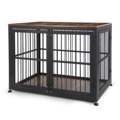 48" Rustic Heavy Duty Dog Crate Furniture for Extra Large Dogs (Black + Rustic Brown / 48.0"L x 30.1"W x 33.9"H)