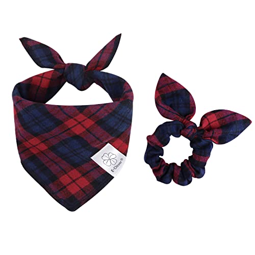 Red Blue Dog Bandanas & Matching Scrunchie Set Plaid Dog Scarf Bibs Pet Handkerchief for Small Dogs Puppy Owner Gifts (04-plaid red / Small-set of 1)