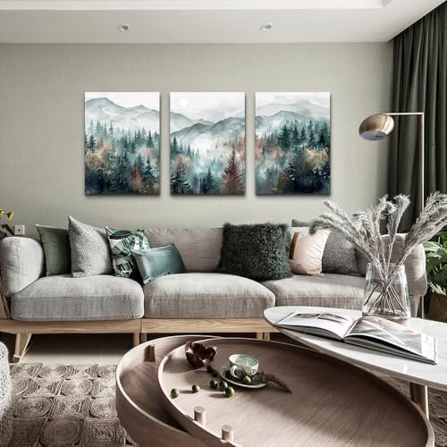 Wall Art For Living Room Farmhouse Decor For Bedroom Office Fog Forest Mountain Landscape Watercolour Paintings Artwork Ready To Hang Home Decorations 3 Piece (16x24inches*3pcs / Foggy Forest Trees Landscape Pictures)