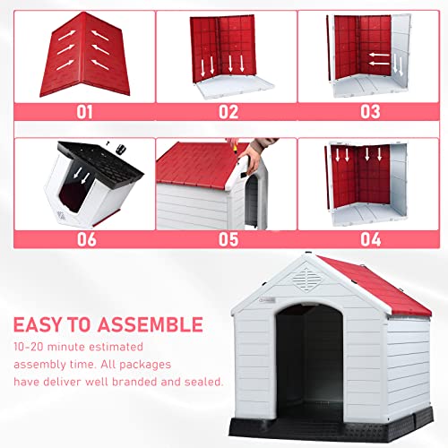 Durable Waterproof Plastic Dog House for Small to Large Sized Dogs (Red / 34"L x 31"W x 32"H)